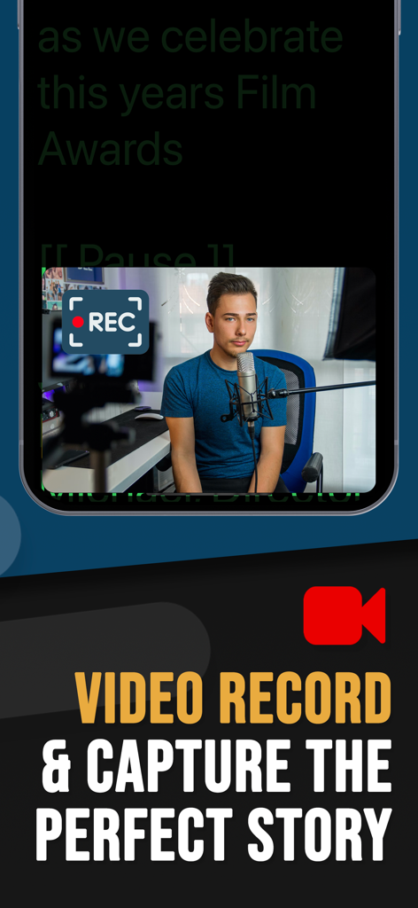 Interface de l'application Teleprompter montrant un enregistrement vidéo avec un script défilant et un indicateur d'enregistrement