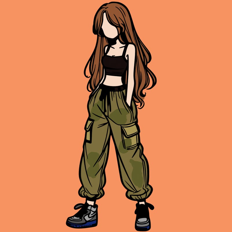 girl in baggy pants crop top and long hair