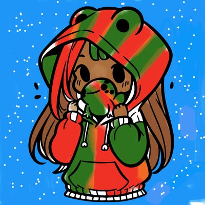 a girl holding a froggy hoodie