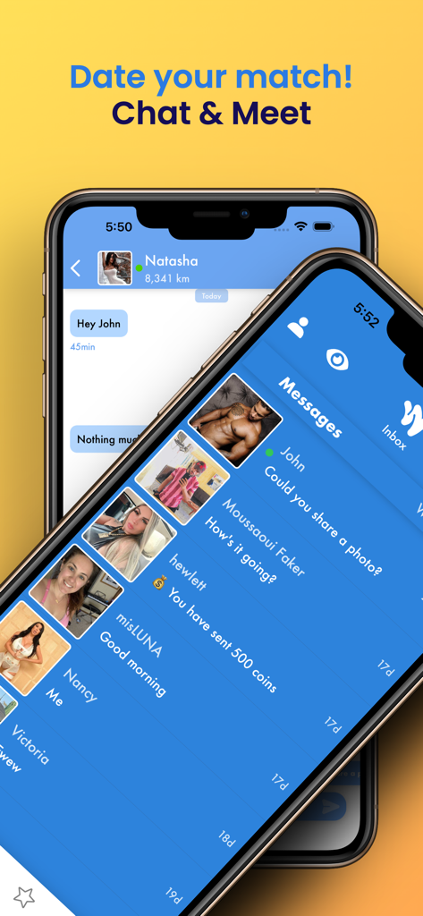 Wink – Date, Chat & Connect - Wink app messaging screen showing a list of chat threads and an active conversation for dating and social networking