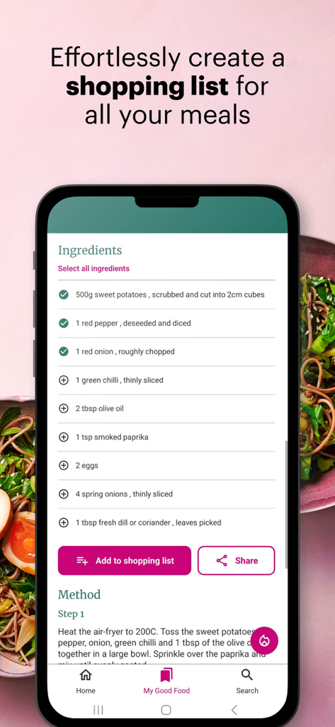 Una pantalla de smartphone que muestra una lista de ingredientes de recetas y un botón para añadirlos a una lista de compras en la aplicación Good Food.