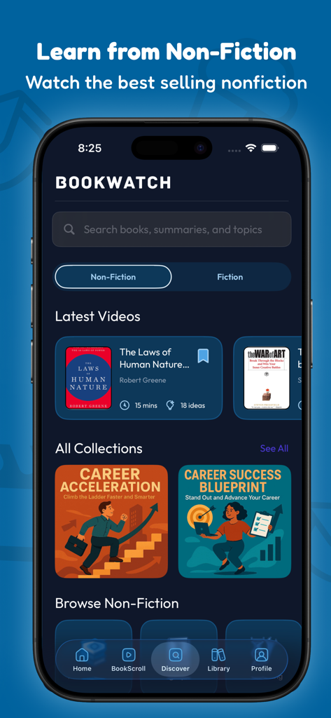 Interfaz de la aplicación BookWatch que muestra resúmenes de video de libros de no ficción y colecciones de carrera