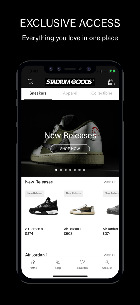Stadium Goods mobile app home screen showcasing exclusive sneaker releases and Air Jordan collections.