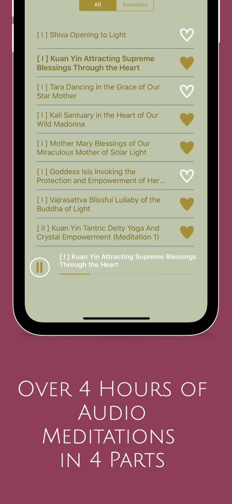 The Kuan Yin Transmission - A mobile interface showing a list of spiritual audio meditations and mantras including Kuan Yin and Mother Mary