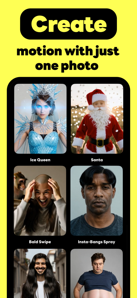 Oberfläche der Pika Labs App, die verschiedene KI-Video-Vorlagen wie Eisprinzessin und Weihnachtsmann zeigt, um Bewegung aus einem einzigen Foto zu erzeugen