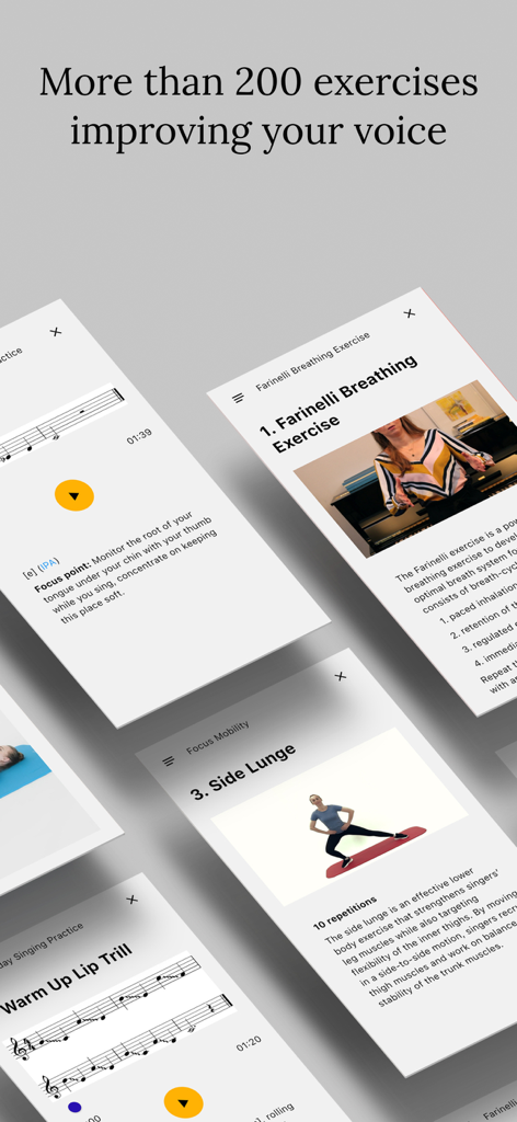 Vocalise.app - Plusieurs écrans de smartphone de l'application Vocalise présentant des échauffements vocaux, des exercices de respiration et des routines physiques pour chanteurs.