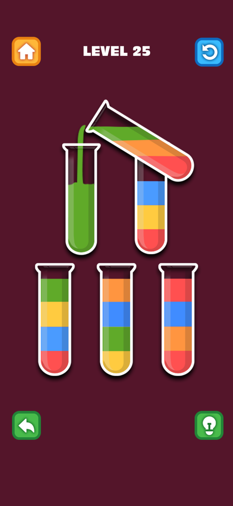 Offline Mini Game Hub: No WiFi - Gameplay screenshot of a water sort puzzle with colorful liquids in glass test tubes.