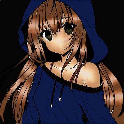 anime girl wearing long sleeve wearing hood, one shoulder sliding off side ways portrait
