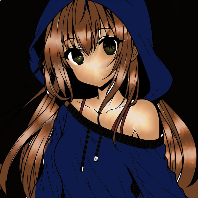 anime girl wearing long sleeve wearing hood, one shoulder sliding off side ways portrait
