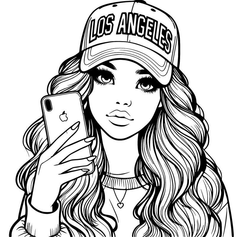 realistic beautiful girl wearing los ángeles cap holding an iphone