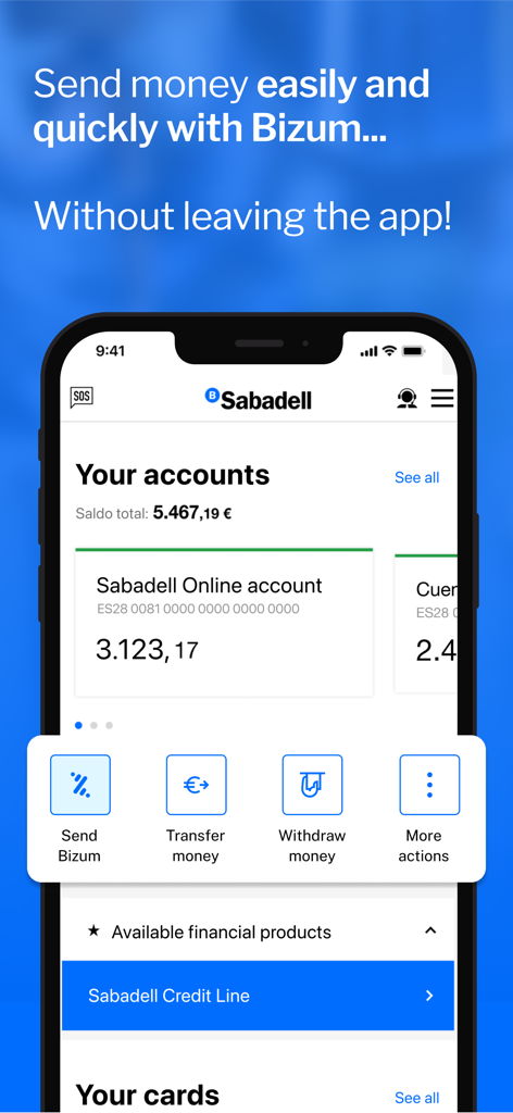 Panel de la app móvil de Banco Sabadell mostrando saldos de cuenta y opciones de pago Bizum