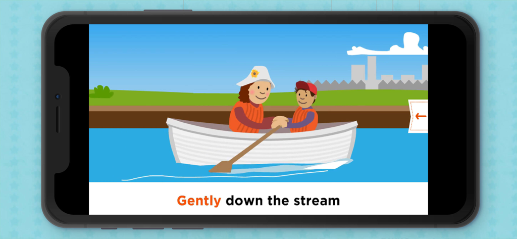 Escena animada de personajes en un bote con letras de karaoke para la canción 'Row Row Row Your Boat'