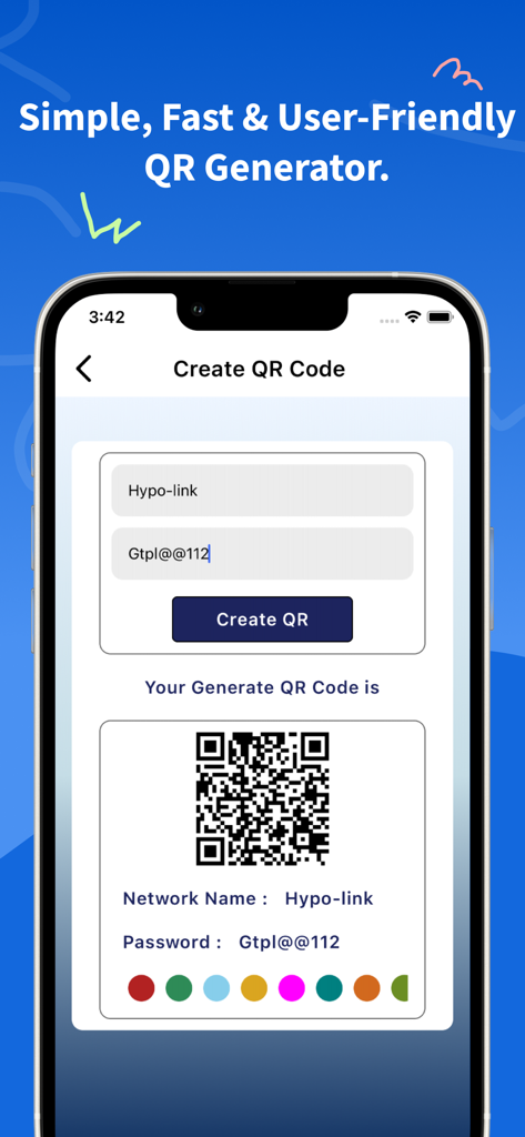 WiFi Password Finder & Connect - A mobile app interface for creating a QR code to share a WiFi network name and password