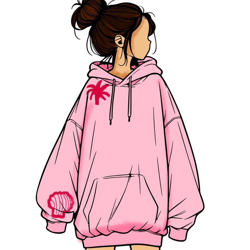 realistic girl with a oversized sweatshirt on and a bun