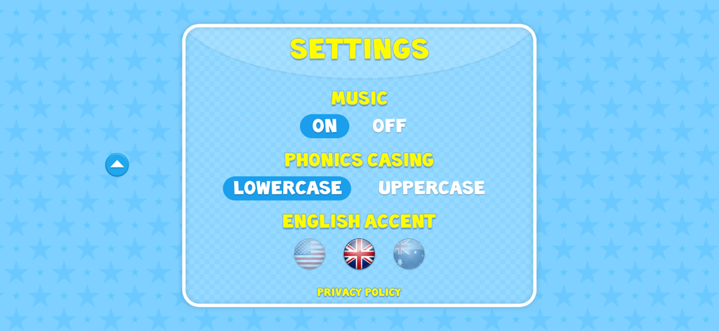 Phonics Flashcards Premium - Settings screen of the Phonics Flashcards Premium app showing music and accent selection options