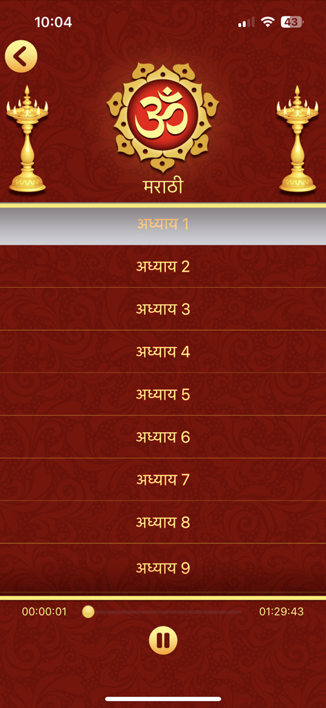 Bhagavad Gita in 11 Languages - Bhagavad Gita app interface in Marathi displaying a list of chapters and an active audio player at the bottom