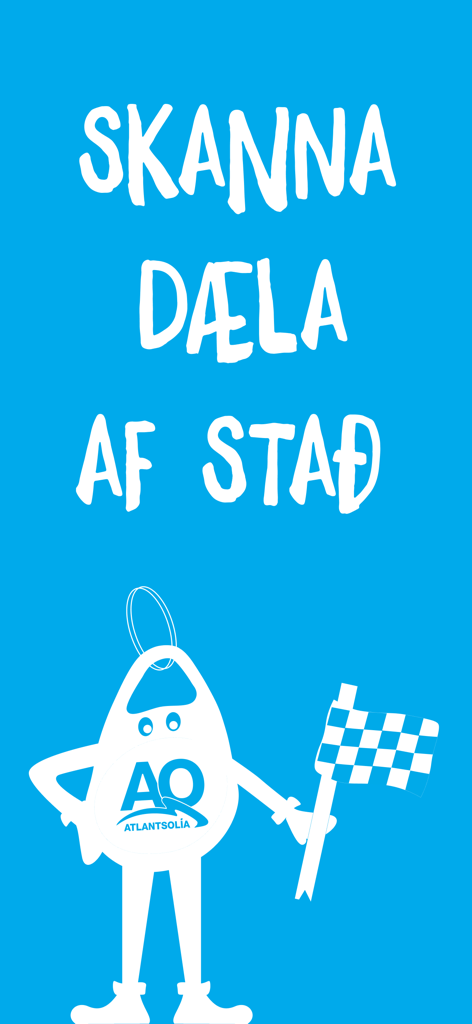 Atlantsolía - Atlantsolia app promotion featuring a white mascot character holding a checkered flag on a blue background with the Icelandic text Scan Pump Go