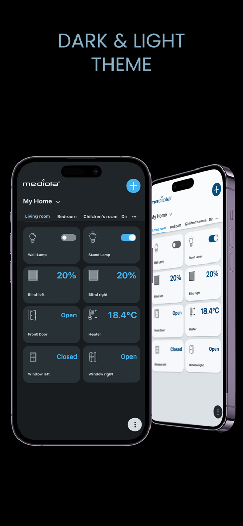mediola connect - Mediola connect Smart Home App-Oberfläche, die dunkle und helle Themen anzeigt