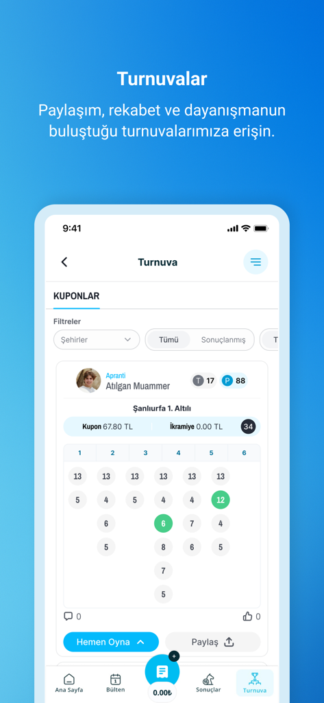 Liderform app interface displaying horse racing tournament coupons and user predictions