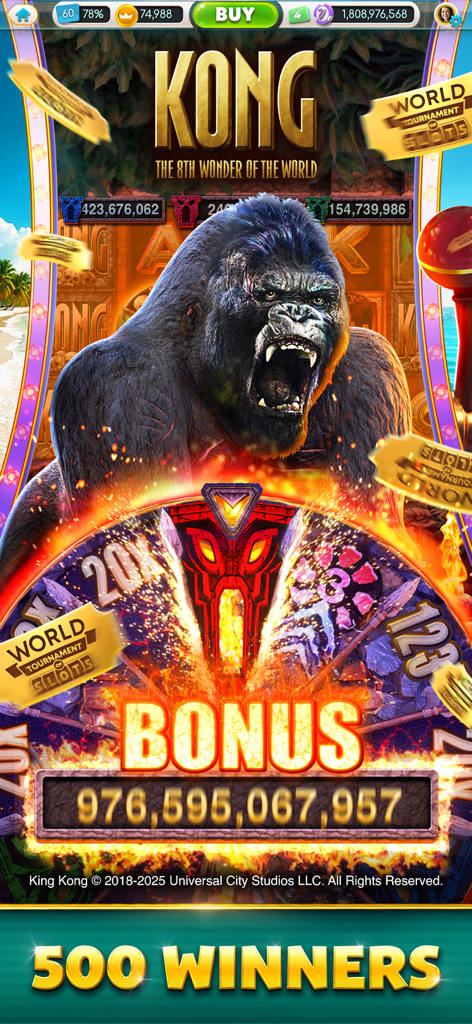 King Kong themed slot machine in myVEGAS Slots app featuring a massive bonus payout and World Tournament of Slots event branding.