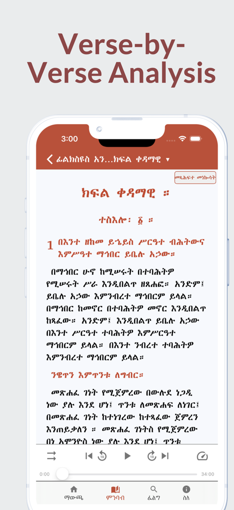 Andimta - Andimta app interface displaying verse-by-verse Bible commentary in Amharic with audio controls