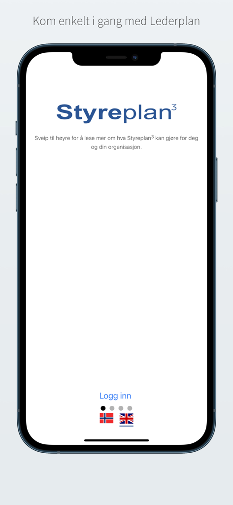 Styreplan3 - Welcome screen of the Styreplan3 business management app on a smartphone showing login and language options