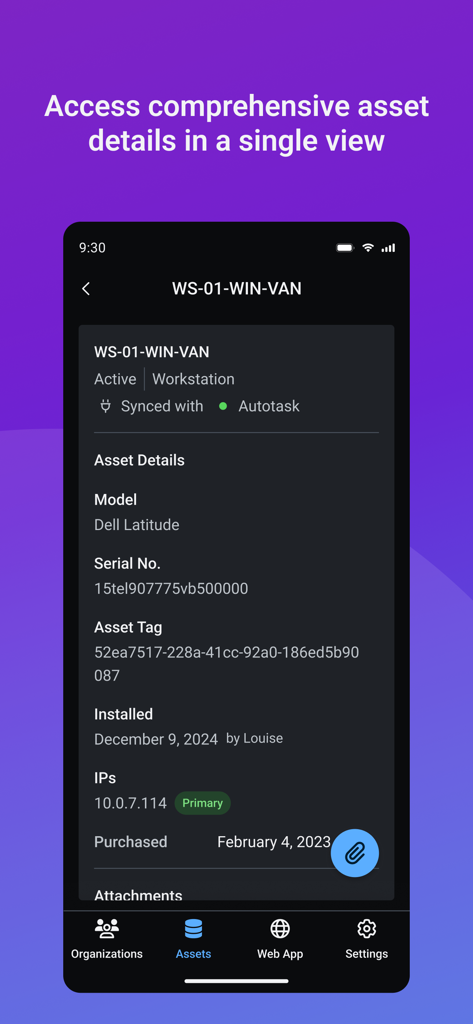 IT Glue mobile app screen displaying comprehensive asset details for a workstation including serial number and IP address
