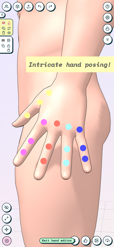 JustSketchMe - Detailed 3D hand model with colored joints for intricate posing in JustSketchMe app