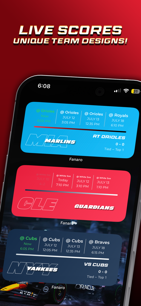 Fanaro: Sports Widgets - Pantalla de inicio de iPhone con múltiples widgets deportivos para equipos de la MLB, incluidos Marlins, Guardians y Yankees, con marcadores y horarios en vivo.