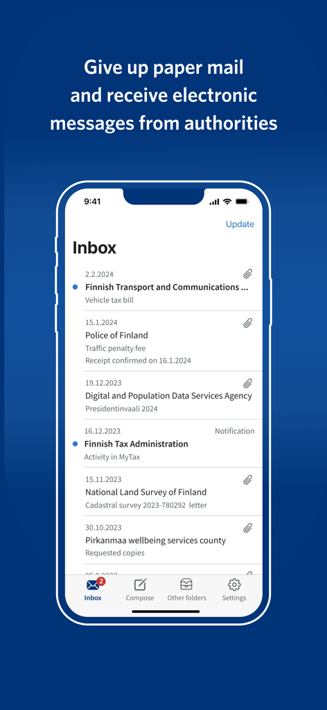 Suomi.fi mobile app inbox displaying electronic messages from Finnish authorities.