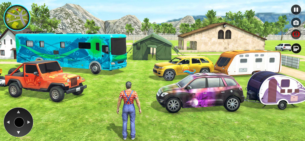 Van Life: Camping Game - A collection of colorful customized camping vehicles and trailers in a grassy field with a character standing nearby in the Van Life simulation game.