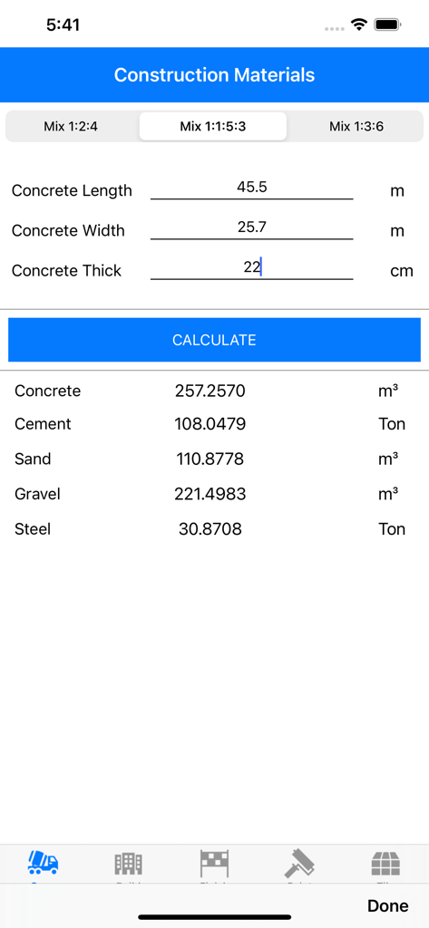 Construction Calculator Pro+ - Interfaz de la aplicación Construction Calculator Pro para estimar cantidades de hormigón, cemento y arena