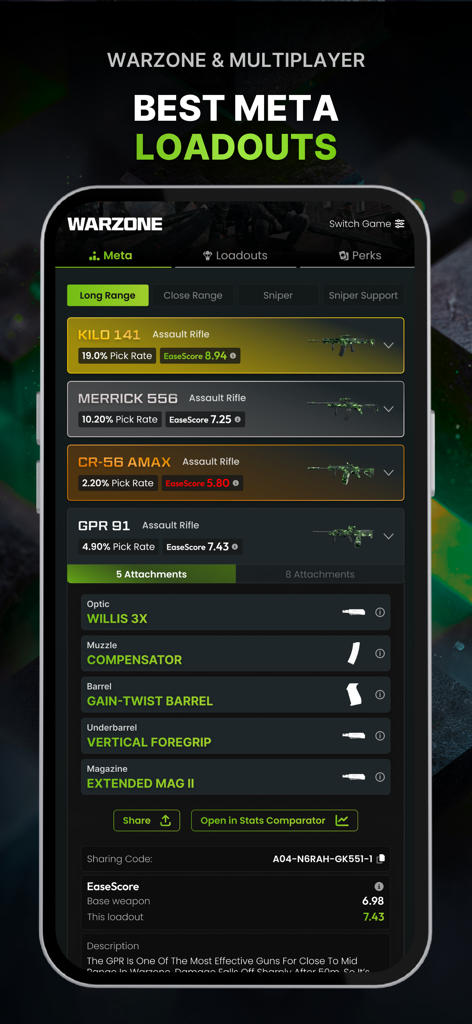 CODMunity: Warzone & BO7 Meta - CODMunity app showing Warzone meta loadouts and weapon attachments for assault rifles