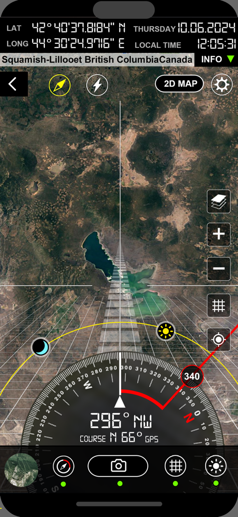 Compass i16 GeoTag GPS Camera - Compass i16 GeoTag GPS Camera showing AR viewfinder with satellite map sun tracker and coordinates