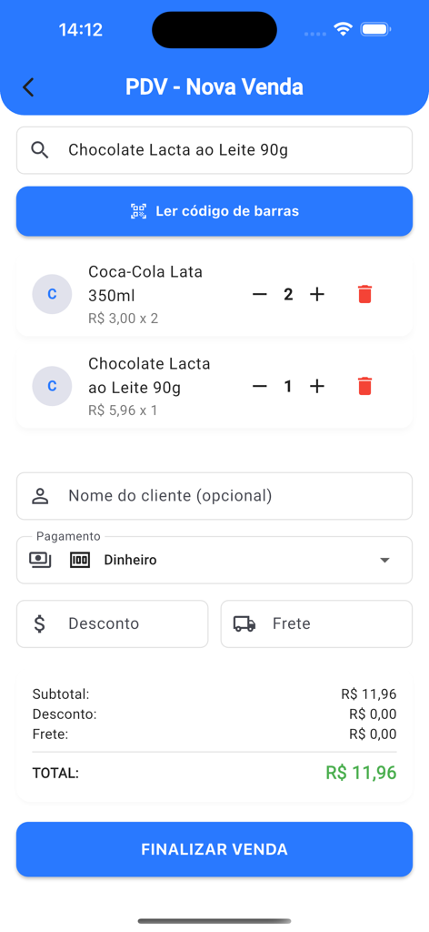 Controle de Estoque PDV - Interface de um aplicativo móvel mostrando uma transação de ponto de venda com lista de produtos, opções de pagamento e cálculo do preço total