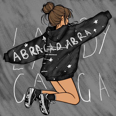 realistic girl jumping with a bun and oversized sweatshirt