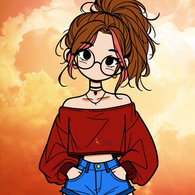 girl with a messy ponytail glasses a baggy crop top and jean shorts