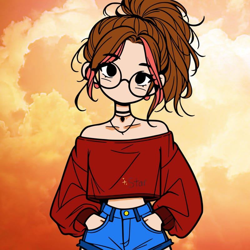 girl with a messy ponytail glasses a baggy crop top and jean shorts