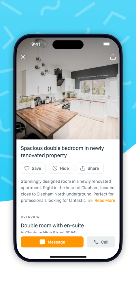 A detailed property listing on the SpareRoom mobile app showing a spacious double bedroom in a renovated apartment with a modern kitchen.