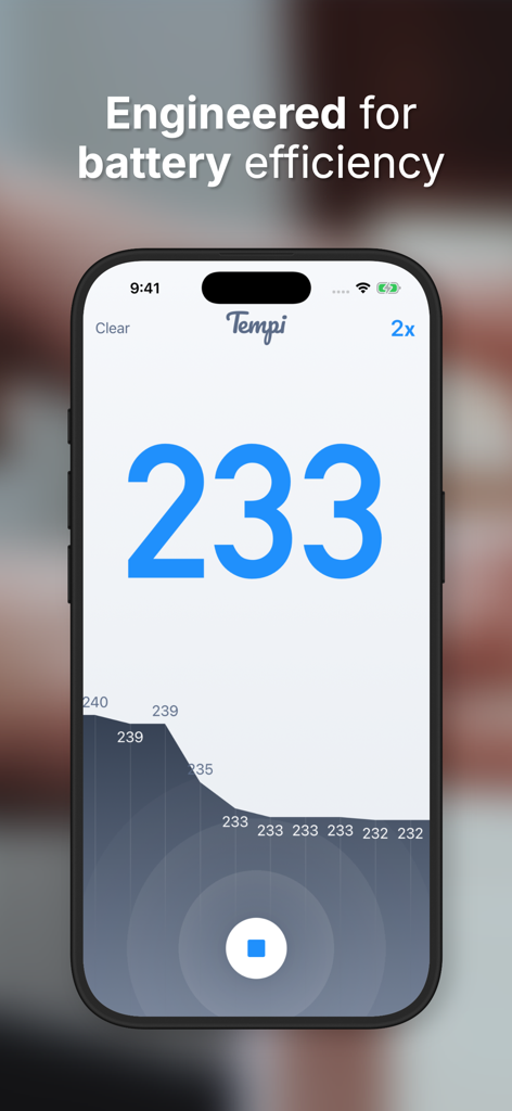 Tempi: BPM Counter & Detector - Interfaccia dell'app Tempi che mostra il contatore BPM in tempo reale e il grafico della cronologia del tempo.