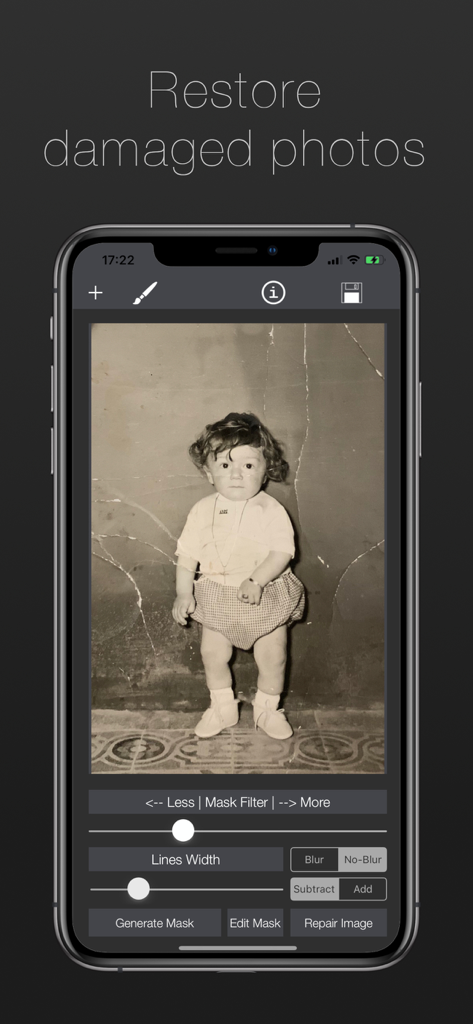 Damaged Photo Restore & Repair - Interface of an app used to repair a scratched black and white vintage photo of a child