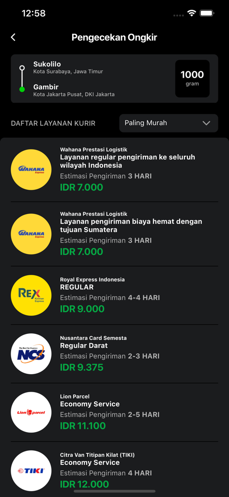 Kiriman: Cek Resi & Ongkir - A list of Indonesian courier shipping rates and delivery estimates in the Kiriman app