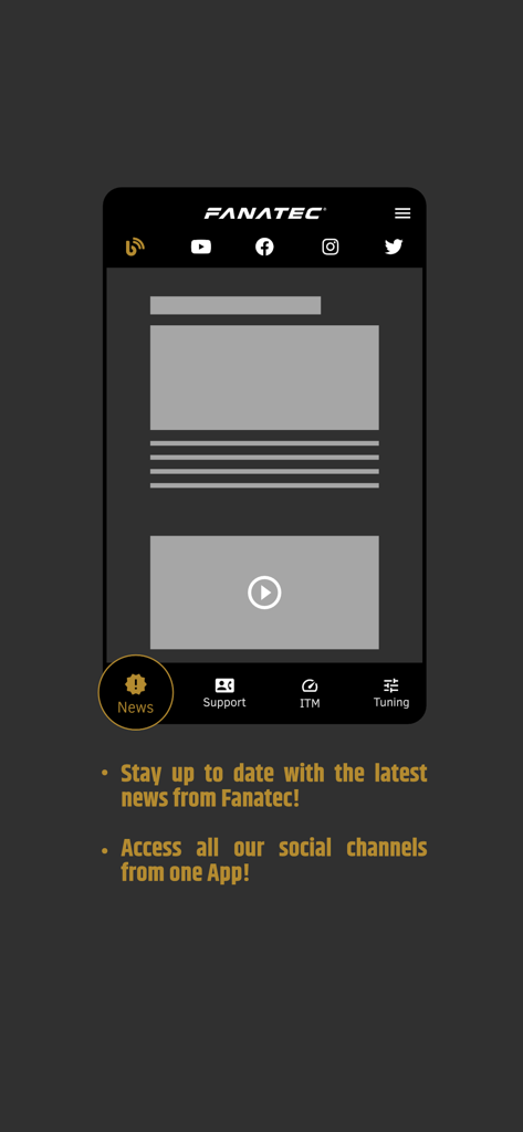 Fanatec App - Fanatec app news feed interface displaying social media links and racing updates