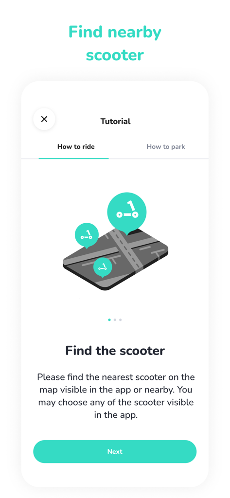 Hoppy Mobility - Tutorial screen for the Hoppy Mobility app explaining how to find a nearby electric scooter using the in-app map.