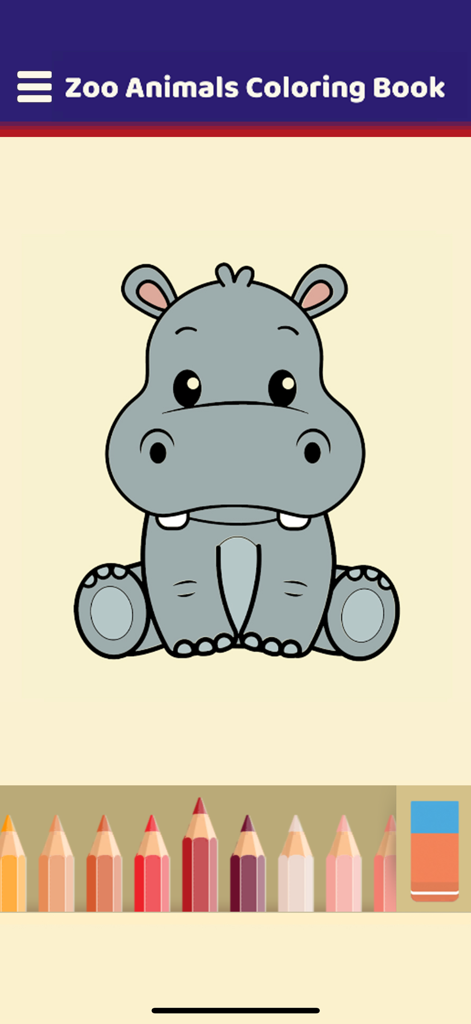 My Zoo Animals Coloring Book - Digital coloring page of a cute hippo with colored pencils and an eraser