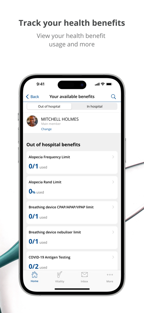 Discoveryアプリの画面。入院外の健康給付金と会員の利用状況トラッキングが表示されています。
