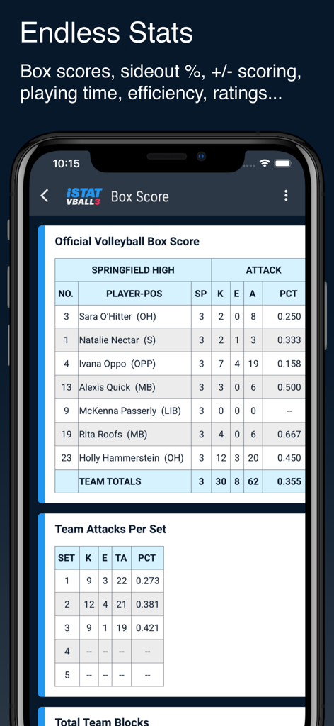 iStatVball 3 - Official volleyball box score showing player performance and attack statistics in the iStatVball 3 mobile app