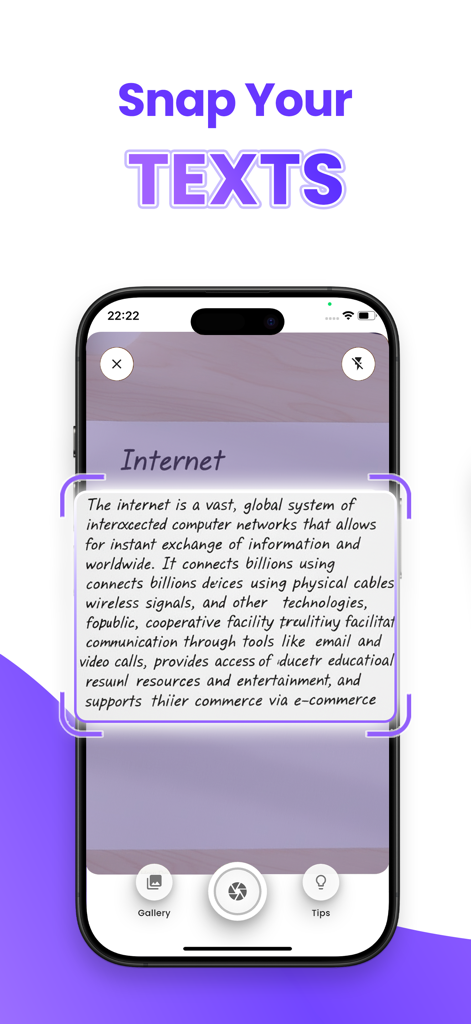 Smartphone interface of Quizi AI showing the camera scanner feature capturing a paragraph of text from a study document
