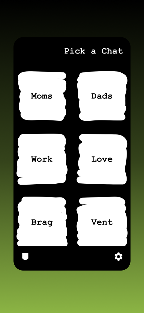 Air Out! - Tela de seleção do aplicativo Air Out mostrando seis categorias de chat anônimas: Mães, Pais, Trabalho, Amor, Exibir e Desabafar.