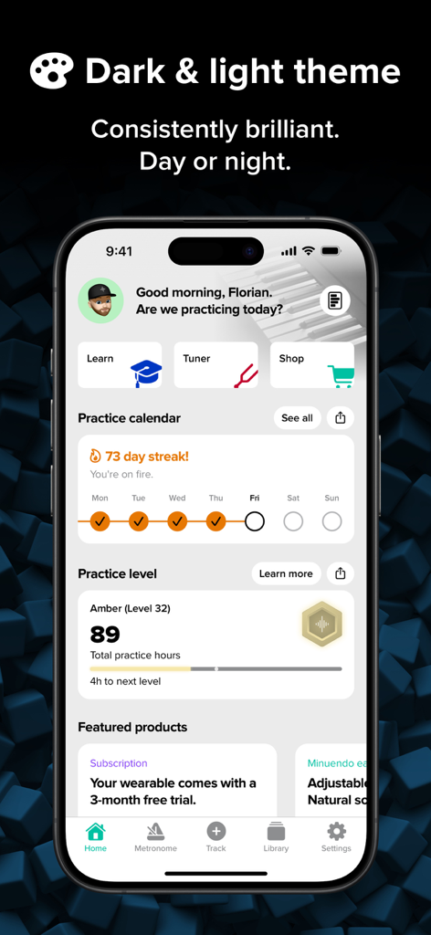 Home screen of The Metronome by Soundbrenner app showing a practice calendar and progress streak tracker in light mode